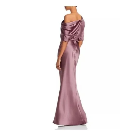 495$ Amsale Draped Satin Asymmetric One Shoulder Maxi Dress Size 12 Mauve - Picture 2 of 2